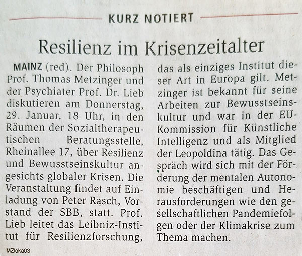 Artikel in der AZ über den Vortrag Resilienz im Krisenzeitalter